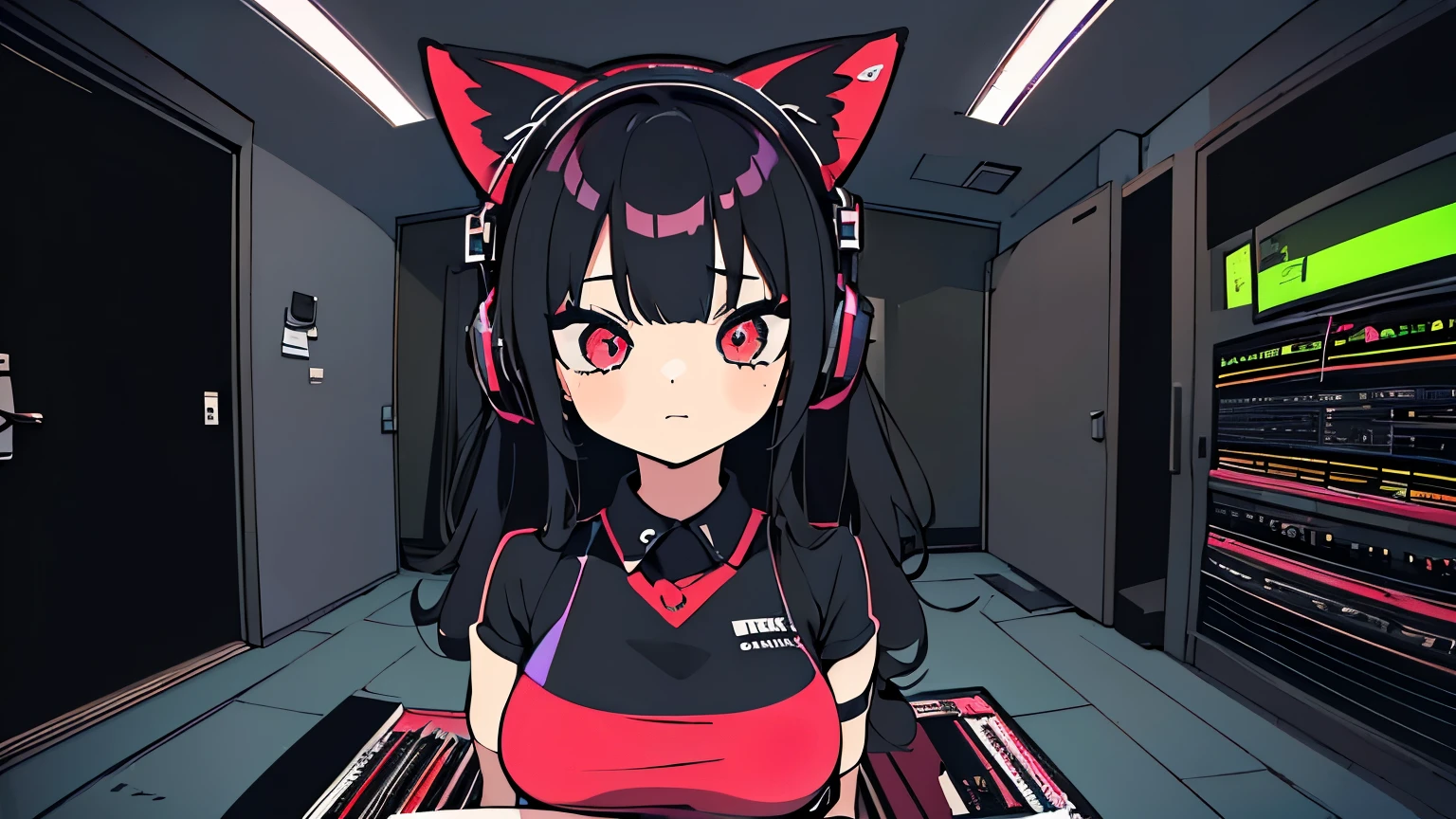 (junkotvv cabello negro, orejas de gato, ojos rojos), Best quality, (masterpiece), best detail face,1 girl, big breasts, 18 yo, 8k,absurdres,unity 8k wall paper,(extremely detailed:1.3), highest realistic, (retro headphones:), (soft neon light:), (psychedelic), Her room full of music equipment and records, sports wear , See the whole room , dark grey color pallet