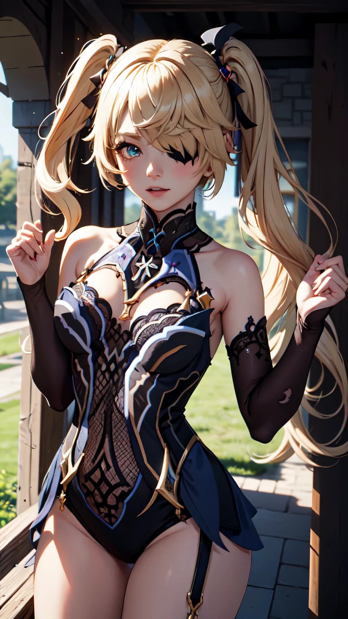 Young blonde girl, black eye patch, twin large ponytails, 
BREAK (masterpiece:1.2), best quality, high resolution, unity 8k wallpaper, (illustration:0.8), (beautiful detailed eyes:1.6), extremely detailed face, perfect lighting, extremely detailed CG, (perfect hands, perfect anatomy), joyful, laughing, Happy, (thigh corset with deep lace neckline), portrait (3:4), posing. In darkness next to a scary castle.