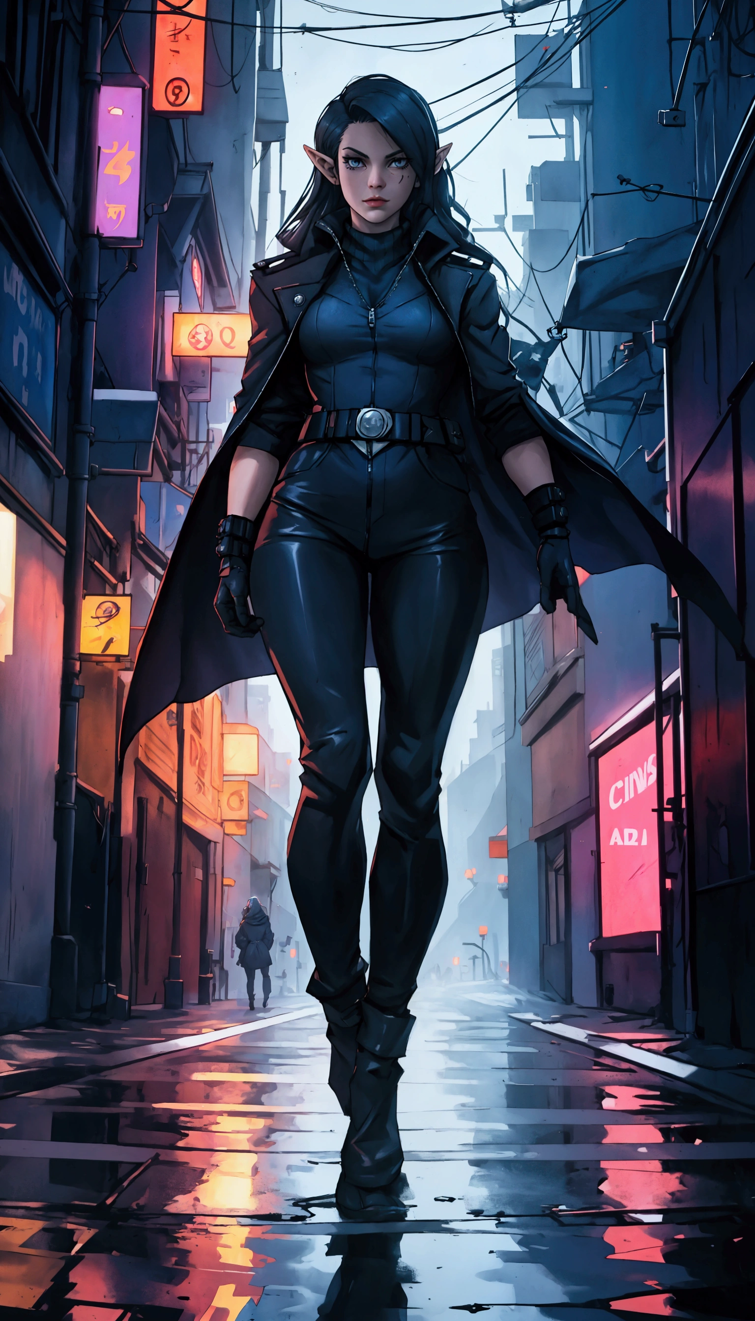 moody cinematic close up, A woman is investigating a crime scene in Paradigm City with the culture reflecting the 1940's mix with scifi and cyberpunk, night, 1woman, arms behind back, solo, indoors, coat, night, belt, building, city, open clothes, open coat, black coat, navy blue jacket, glowing, looking at viewer, zipper, long sleeves, turtleneck, criminal investigation, scifi/1940s, Neo-Noire, diesel punk, pointy ears, elf,