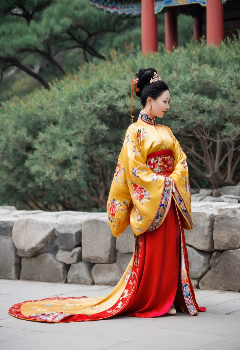 A side view of a Chinese empress, a close-up of her buttocks on all fours. The background is the stone paving outside a Chinese palace in the Qing dynasty. A Manchu with a bright red floral pattern is on all fours, with her hands clasped together, and only her large bare buttocks sticking out. Her face is open and she is not wearing underwear.
