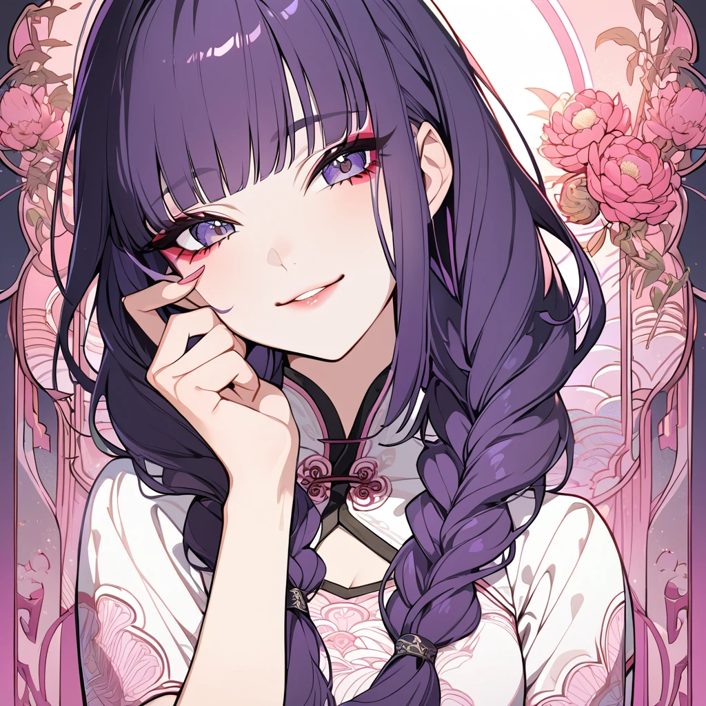 (absurdres, highres, ultra detailed), 1girl, mature female, wavy dark blue hair, long hair, blunt bangs, purple eyes, pink dress, finely detailed eyes and detailed face, extremely detailed CG unity 8k wallpaper, intricate details, BREAK , kaleidoscopic imagery, symmetrical patterns, vibrant colors, geometric shapes, mesmerizing designs, optical illusions, dynamic composition BREAK , pantomime art, expressive body language, silent storytelling, evocative gestures, visual narratives, theatrical performances BREAK , blooming flowers, colorful petals, fragrant scents, nature's bounty, vibrant gardens, peaceful scenery