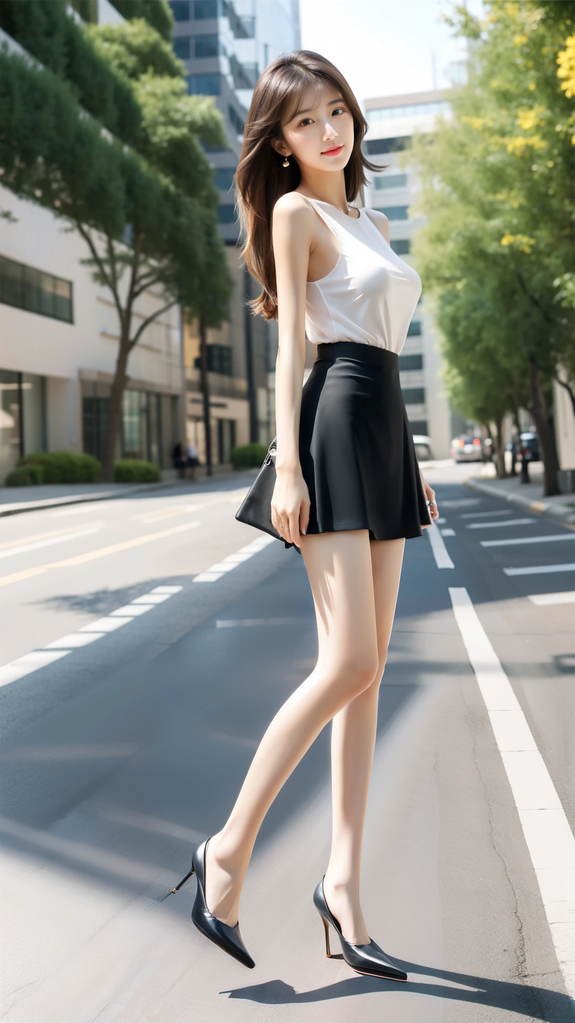 Ultra-clear resolution，Young girl，Shoulder-length hair，Light hair color，Earrings，Clear eyes，No makeup，Lip Gloss，Perfect face，Fair skin，Perfect breasts，Long and slender legs，Very long legs，Suspender top，Black office mini skirt，High heel，Empty outdoors