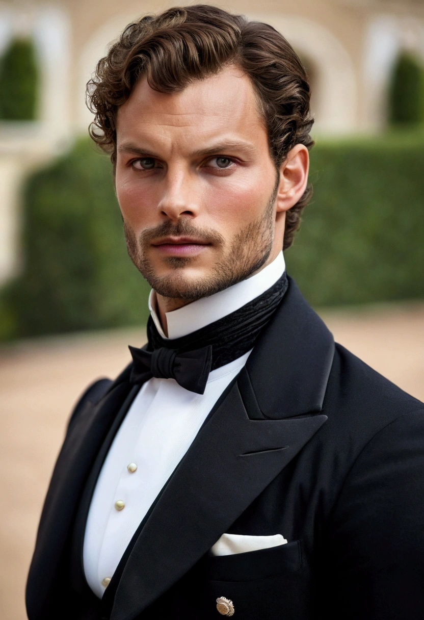 Victorian era man, Prince of Monaco extremely handsome and manly, strong alpha male with Jamie Dornan features with light gray eyes dressed in Victorian era costumes 