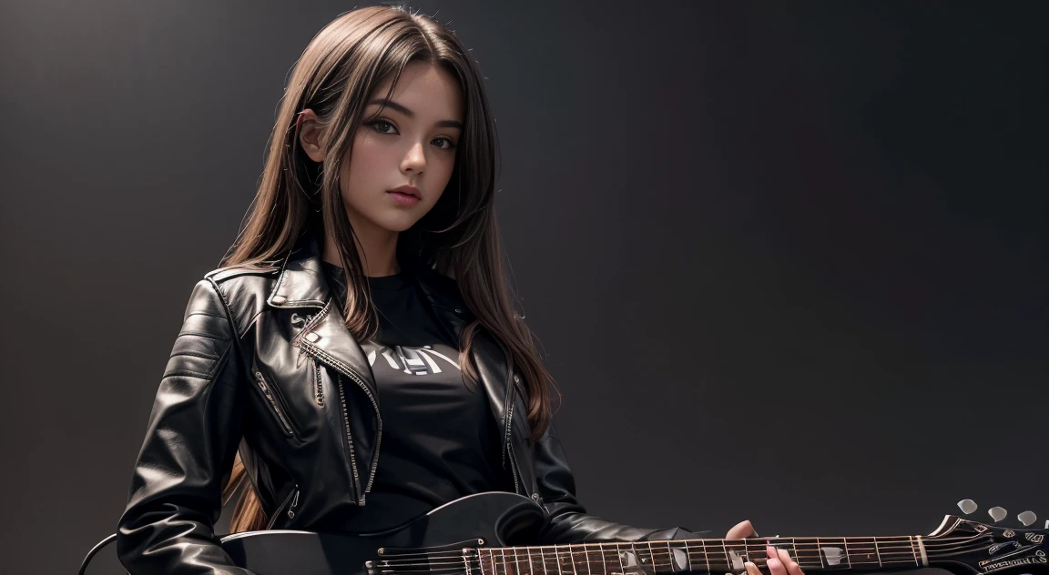 A high-resolution image of a beautiful girl with long hair playing an electric guitar. She is wearing a black leather jacket and standing against a gray background.