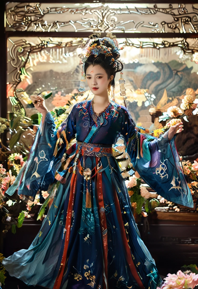 masterpiece,Realism,Dark,蓝tone,Surrealism,Starlight环,In the bright embrace of the moonlight serenade,1 Miao beauty,((独奏)),Wearing famous national costumes,Hmong clothing,Standing,模特Standing姿势,earrings,hat,belt,Real shot,Tall,Long hair shawl,braid,The decorative patterns on Miao robes are mostly geometric shapes.,Auspicious flowers and plants,snowflake,bats, etc,Various carved window frames,The window frames are engraved with wired grooves and various patterns,Clean background,Agate accessories,Fashion,Compared,tone,Texture,detail,Starlight,Colorful halo,Vibrant energy,Expressive,dramatic,organic lines and forms,dreamy and mysterious,Surrealism,Portrait Photography,complex,meticulous,sharp,Clarity,Better image quality,Rough brushstrokes,High Dynamic Range,vivid,detail丰富,阴影和高光Clarity,reality