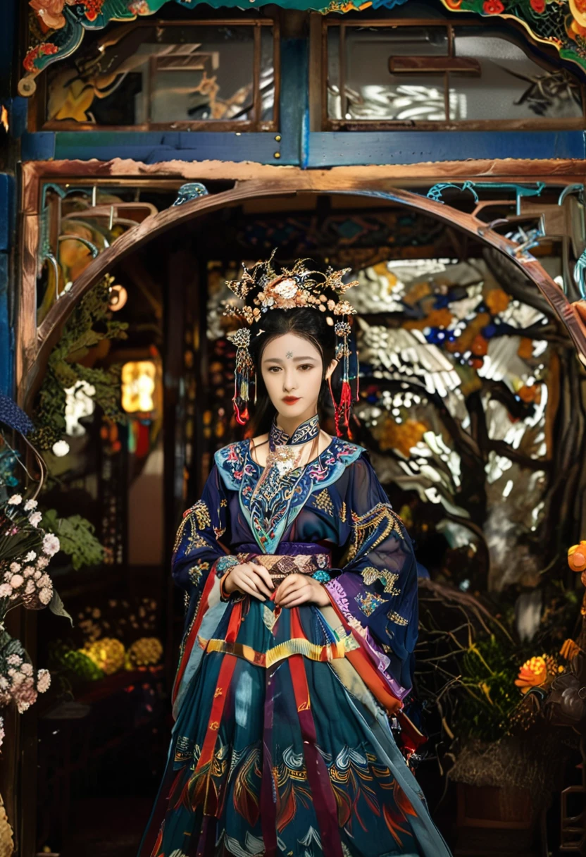 masterpiece,Realism,Dark,蓝tone,Surrealism,Starlight环,In the bright embrace of the moonlight serenade,1 Miao beauty,((独奏)),Wearing famous national costumes,Hmong clothing,Standing,模特Standing姿势,earrings,hat,belt,Real shot,Tall,Long hair shawl,braid,The decorative patterns on Miao robes are mostly geometric shapes.,Auspicious flowers and plants,snowflake,bats, etc,Various carved window frames,The window frames are engraved with wired grooves and various patterns,Clean background,Agate accessories,Fashion,Compared,tone,Texture,detail,Starlight,Colorful halo,Vibrant energy,Expressive,dramatic,organic lines and forms,dreamy and mysterious,Surrealism,Portrait Photography,complex,meticulous,sharp,Clarity,Better image quality,Rough brushstrokes,High Dynamic Range,vivid,detail丰富,阴影和高光Clarity,reality