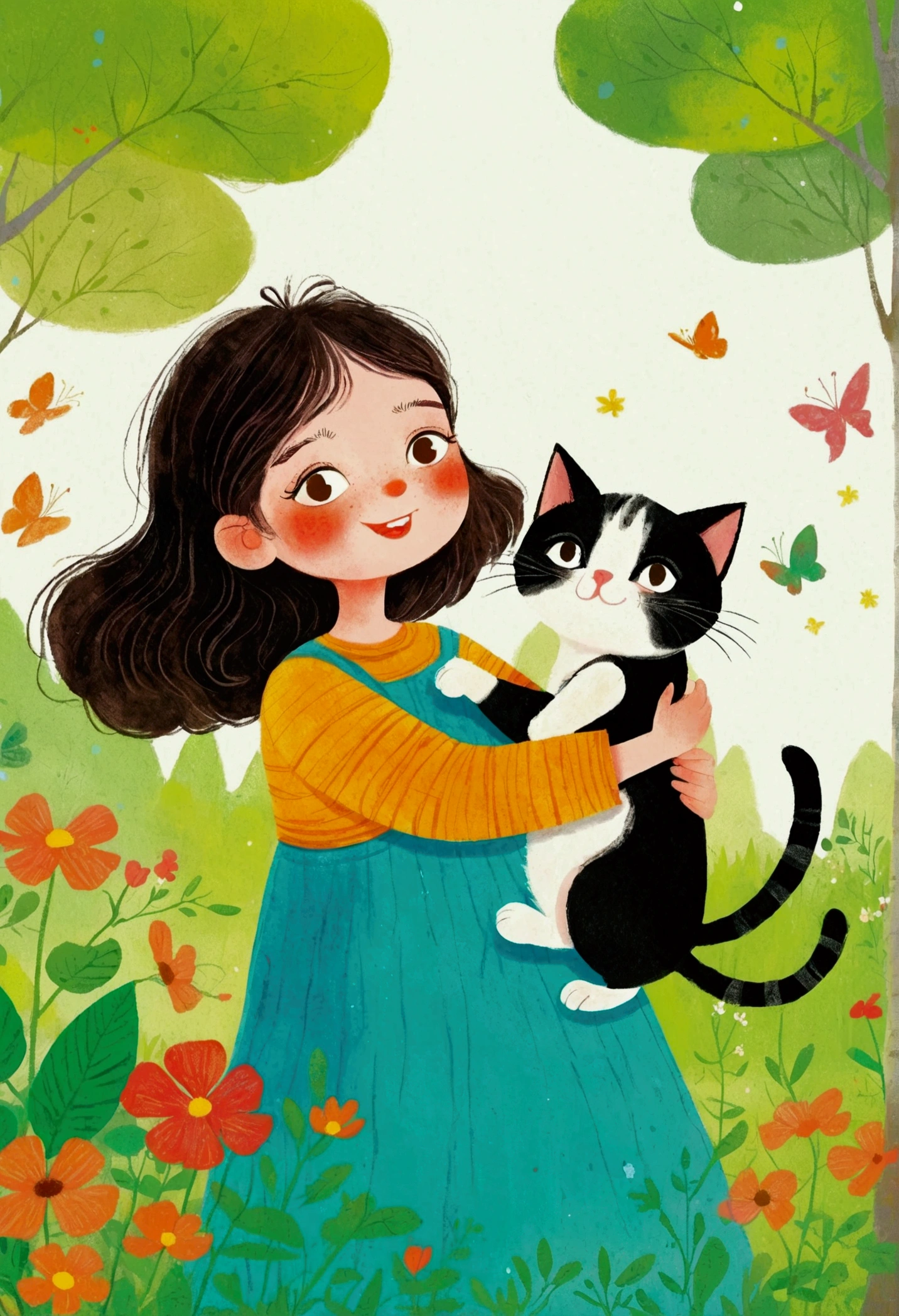 illustration of a girl holding a cat in the forest, colorful Children&#39;s Book Illustrations, children illustration, 可爱的Storybook illustration, Children&#39;s illustrations, Color illustrations, Children&#39;s illustrations, Colorfull illustration, Drawn in a whimsical style, Cute illustrations, Children&#39;s Book Illustrations, Children&#39;s illustrations, Children&#39;s Book Illustrations, Storybook illustration, Children&#39;s Book Illustrations, Children&#39;s Book Illustrations