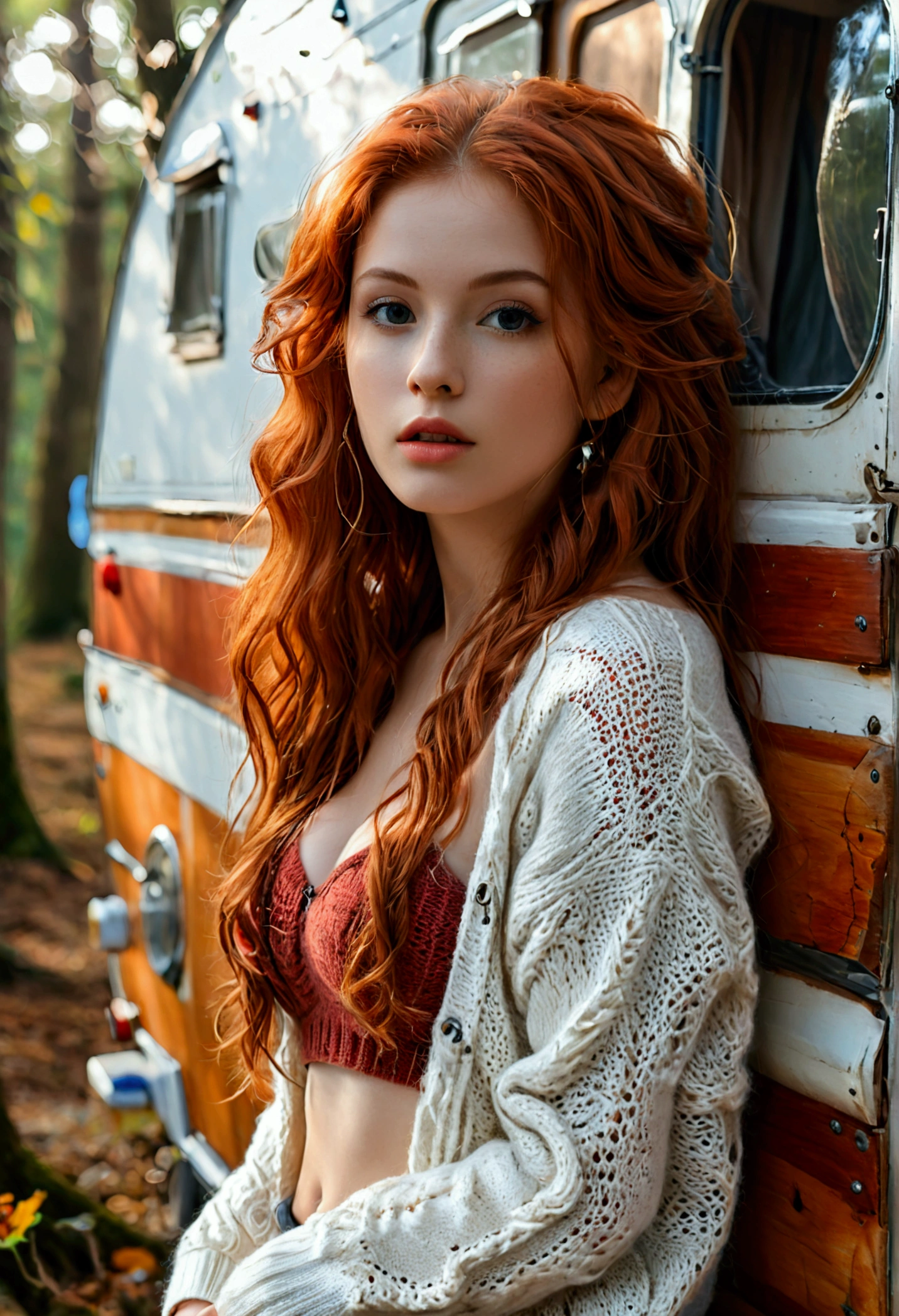 (full body shot:1.1) photorealistic image of a (leaning pose:1.1) woman, ultra realistic, photography, long red hair, girl, 24 years old, hourglass figure, perfect body, Flirty look, natural medium breasts, blur background, posing with a belly-free sweater, leaning on a caravan parked in the woods, she wears sneakers