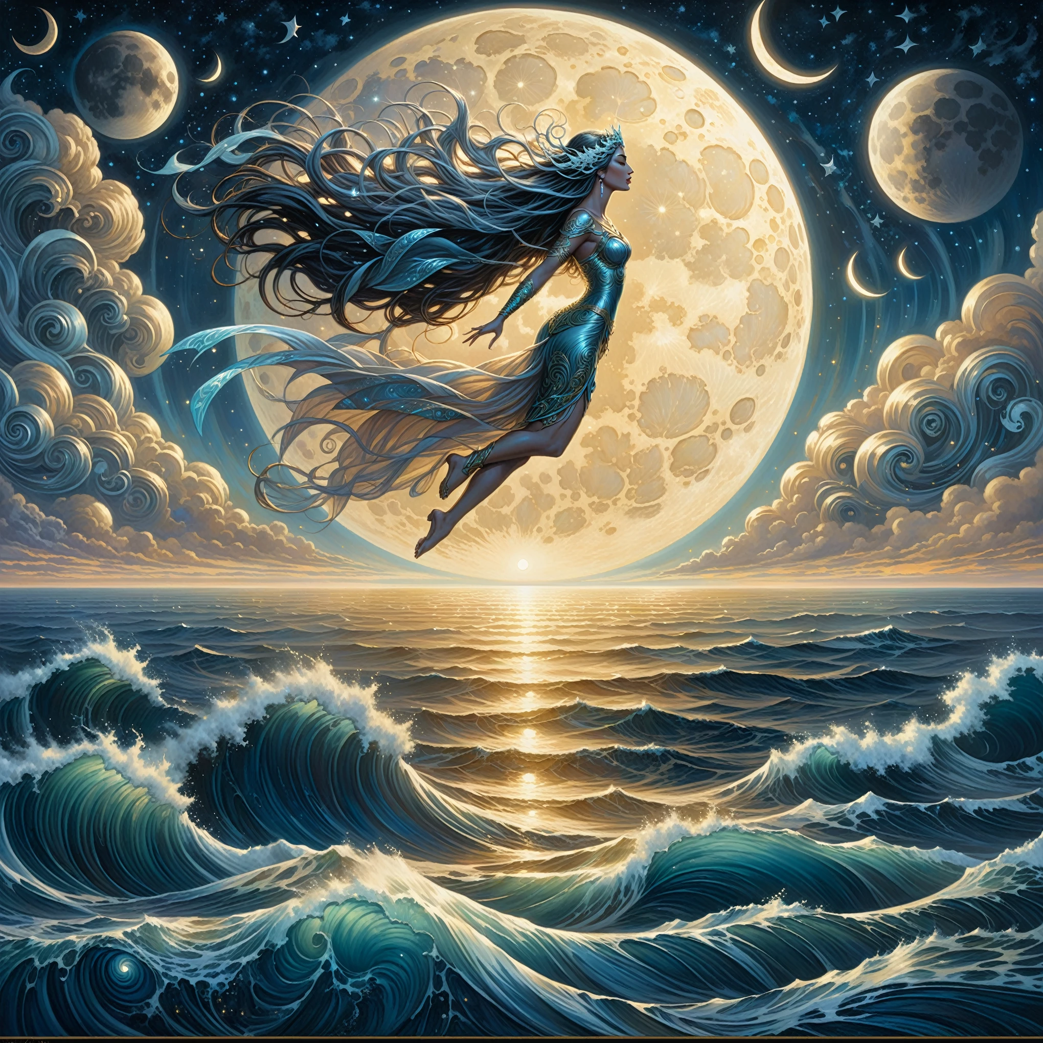 a painting of a woman flying over the ocean with a full moon in the background, moon goddess, goddess of the moon, goddess of the sea, lunar goddess, rising from ocean, fractal thunder dan mumford, floating across the cosmic ocean, goddess of the ocean, michael whelan and karol bak, earth goddess mythology, goddess of illusion, celestial goddess, cosmic goddess