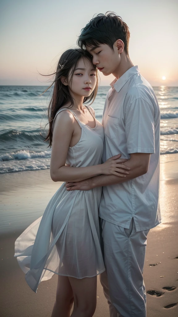 Create a serene portrait of a young Asian couple (wait for it at the beach). for girls' outfits (wearing a loose white blouse, paired with a breezy underskirt). (Her eyes are looking at the viewer), her breasts are natural, and she has a peaceful expression on her face, enjoying the moment. The background features gentle waves crashing against the beach sky, creating a serene and calming atmosphere. The overall mood of this image is reflective and serene, capturing the essence of relaxation and peace by the sea and holding hands with a man And looked at each other .