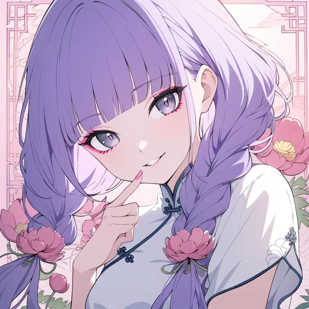 Hiori Light Art, Backlight, chinese style, pink theme, art nouveau, chrysanthemum, poppy, peonies, silhouette, meandros background, pastel colors, 1girl, sexy pose, finger heart, portrait, close-up, middle hair, peal purple hair, twin braids hair, purple hair, blunt bangs hair, (long eyelashes:1.2), green and black eyes, makeup, fingernails, naughty face, smile, in love, head tilt, chinese clothes, white dress, short sleeves, embroidered dress, fine fabric emphasis, bloom, glowing, perfect lighting, masterpiece, best quality, incredibly absurdres, ultra detailed, 