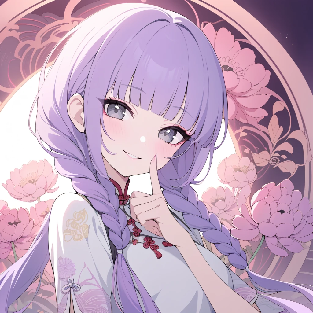 Hiori Light Art, Backlight, chinese style, pink theme, art nouveau, chrysanthemum, poppy, peonies, silhouette, meandros background, pastel colors, 1girl, sexy pose, finger heart, portrait, close-up, middle hair, peal purple hair, twin braids hair, purple hair, blunt bangs hair, (long eyelashes:1.2), green and black eyes, makeup, fingernails, naughty face, smile, in love, head tilt, chinese clothes, white dress, short sleeves, embroidered dress, fine fabric emphasis, bloom, glowing, perfect lighting, masterpiece, best quality, incredibly absurdres, ultra detailed,