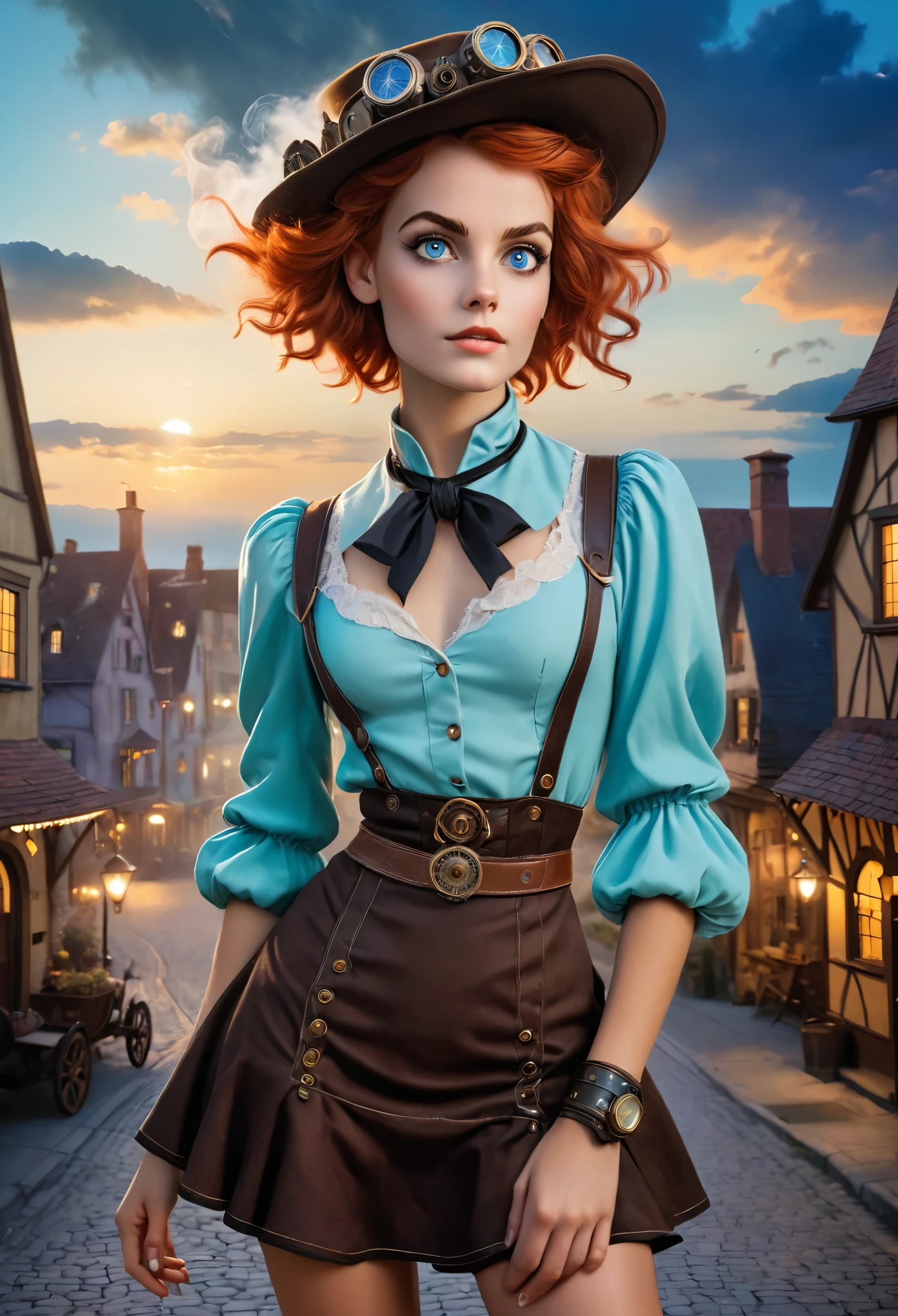 realistic, mesmerizing, modern analog photo, middle shot, photorealistic, (most detailed face, eyes), skyscape with clouds, nightfall, cute woman, small european town in 1910, short windblown skirt, soft steampunk aesthetic, short hair, smoke particles, halo, (bioluminescent:0.95), vibrant color details, dynamic, Intensed eyes, sexy, pleasure, wishmaster, depth of field, 35mm, film grain, raw photo, isometric, extremely detailed