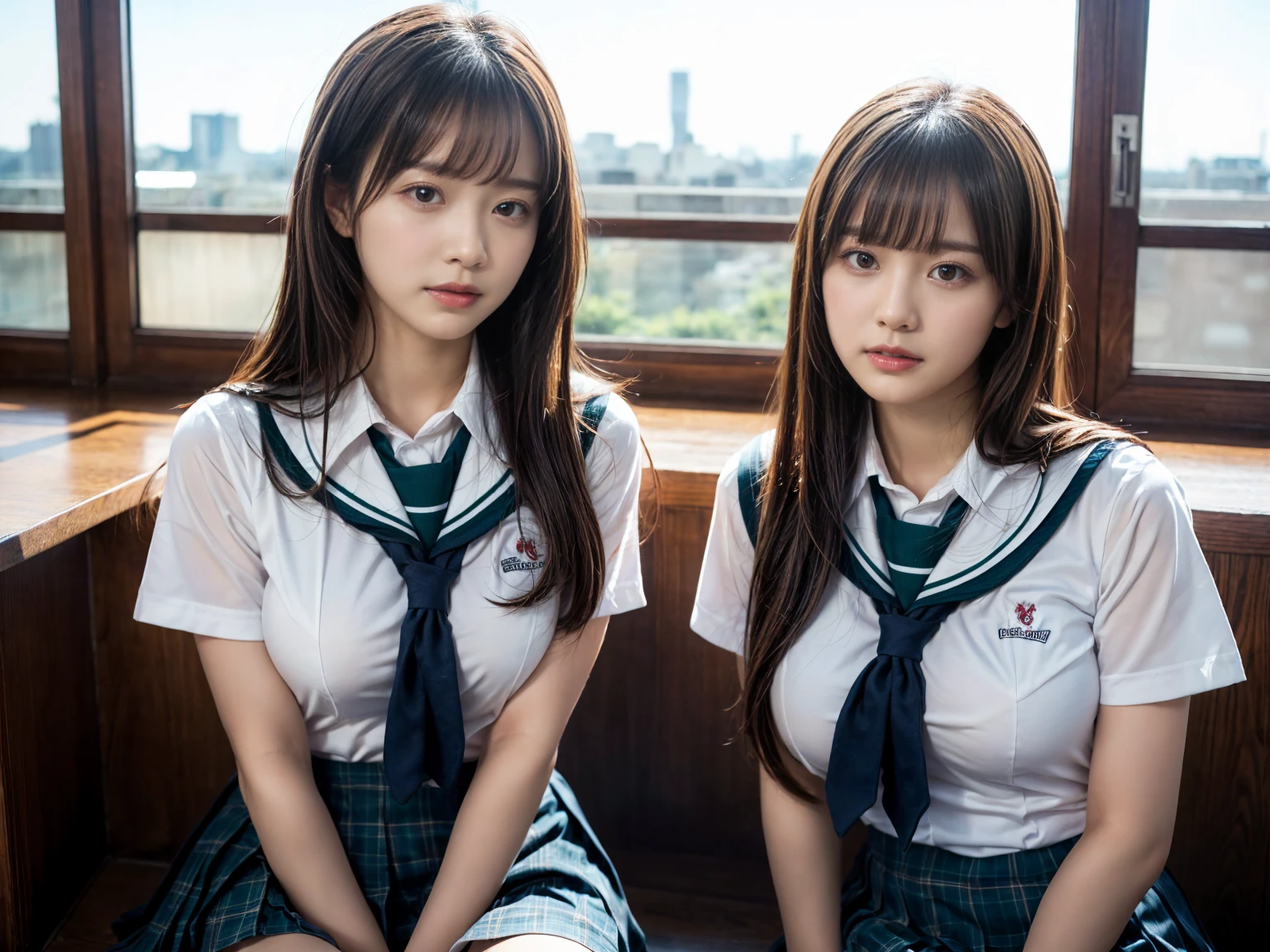 (RAW photo, 4k, masterpiece, high resolution, extremely complex) (realistic: 1.4), cinematic lighting
 ((2 girls, 2 schoolgirls)),Slam Dunk's,blushing,((innocent)),bright eyes,round eyes,blunt bangs,(straight hair:1.3),black hair,large breasts,wide hips,Summer Noon, ,Hot, (Best Quality), (Highres), (an Extremely Delicate and Beautiful),(Beautiful 8k face),(Brown eyes),short bob hair,( spectators),(gigantic breasts),(Play with each other,Touching each other's bodies,Touching the body),(Japanese high school uniform:1.3),blue skirt,(reality),bright lighting,(The background is a luxury hotel room)