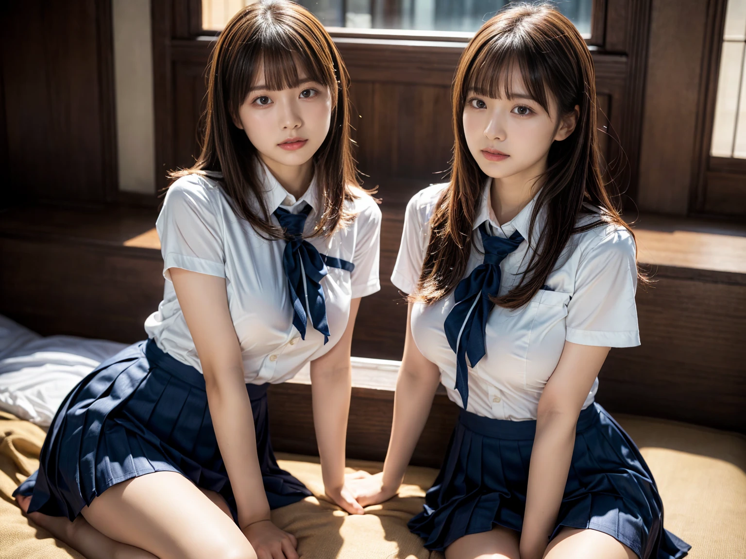 (RAW photo, 4k, masterpiece, high resolution, extremely complex) (realistic: 1.4), cinematic lighting
 ((2 girls, 2 schoolgirls)),Slam Dunk's,blushing,((innocent)),bright eyes,round eyes,blunt bangs,(straight hair:1.3),black hair,large breasts,wide hips,Summer Noon, ,Hot, (Best Quality), (Highres), (an Extremely Delicate and Beautiful),(Beautiful 8k face),(Brown eyes),short bob hair,( spectators),(gigantic breasts),(Play with each other,Touching each other's bodies,Touching the body),(Japanese high school uniform:1.3),blue skirt,(reality),bright lighting,(The background is a luxury hotel room)