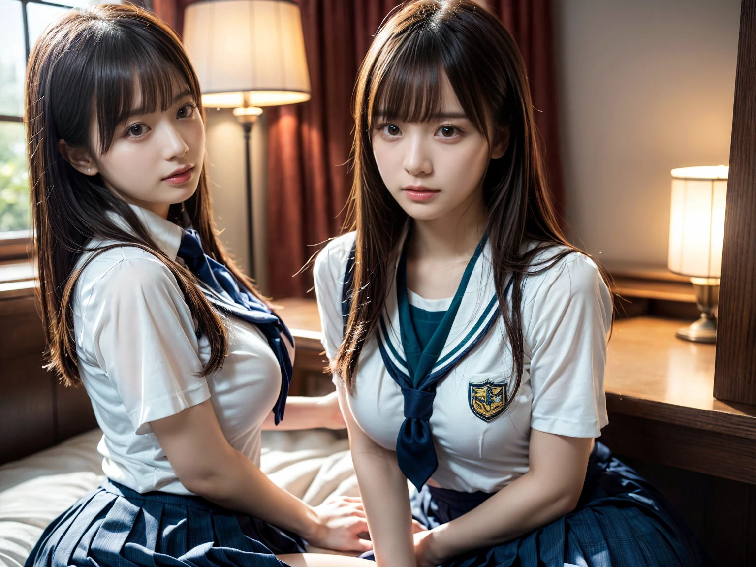 (RAW photo, 4k, masterpiece, high resolution, extremely complex) (realistic: 1.4), cinematic lighting
((2 girls, 2 schoolgirls)),Slam Dunk's,blushing,((innocent)),bright eyes,round eyes,blunt bangs,(straight hair:1.3),black hair,large breasts,wide hips,Summer Noon, ,Hot, (Best Quality), (Highres), (an Extremely Delicate and Beautiful),(Beautiful 8k face),(Brown eyes),short bob hair,( spectators),(gigantic breasts),(Play with each other,Touching each other's bodies,Touching the body),(Japanese high school uniform:1.3),blue skirt,(reality),bright lighting,(The background is a luxury hotel room)