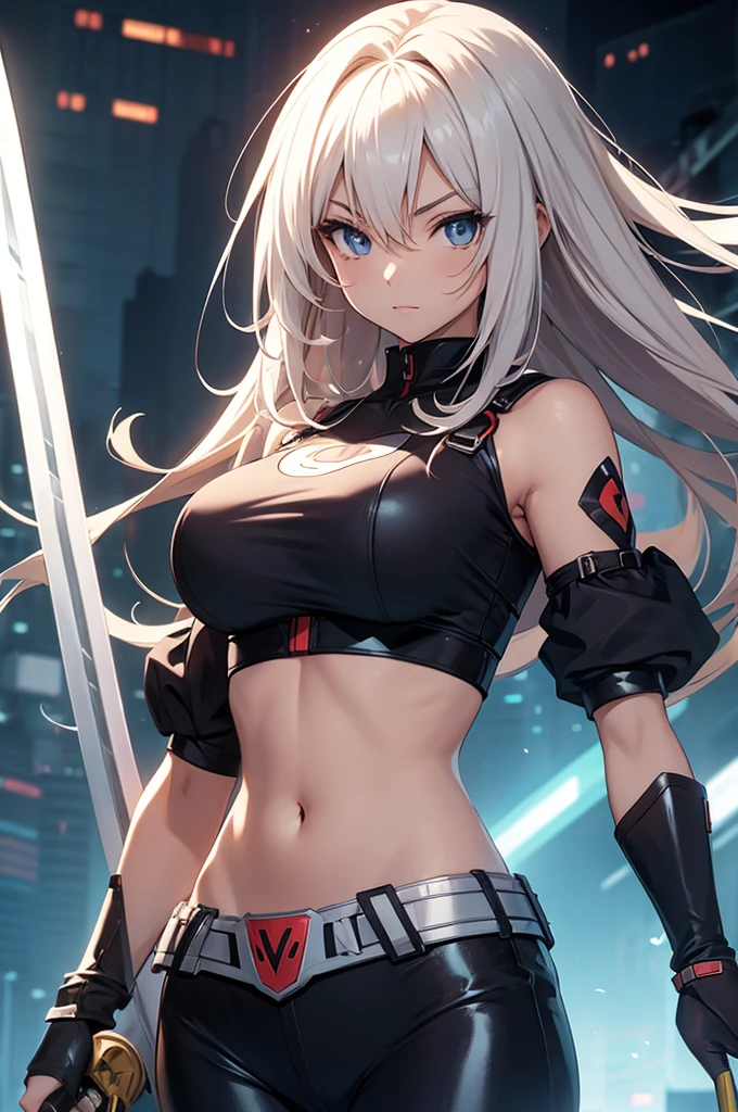 anime girl , stylish , superhero , swords in hands , , wearing crop top , navel can be seen