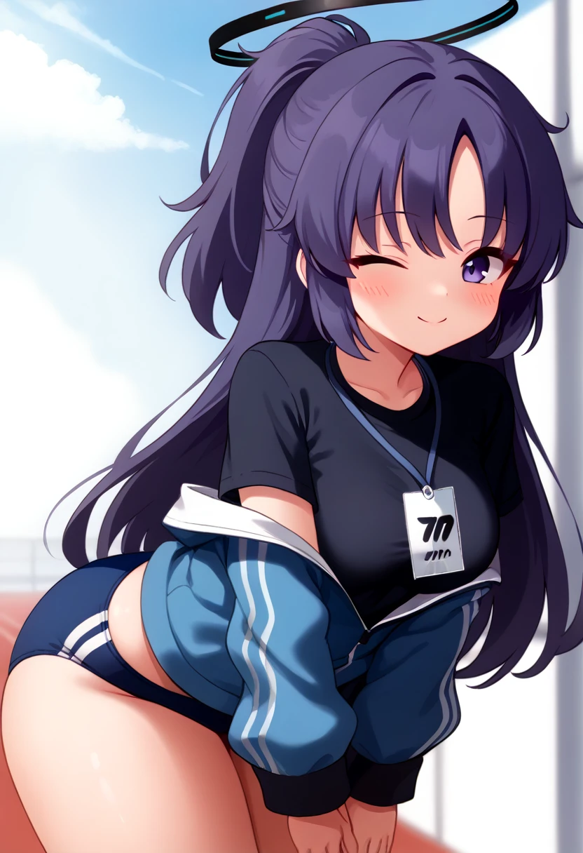 score_9, 1girl, solo, yuuka \(blue archive\), blue archive, yuuka \(track\) \(blue archive\), halo, purple eyes, purple hair, long hair, ponytail, thick thighs, medium breasts, yuuka-gym, id card, blue jacket, track jacket, black shirt, blue buruma, cowboy shot, leaning forward, v arms, looking at viewer, breasts, blush, smile, one eye closed, ;\), closed mouth, outdoors, day, blue sky