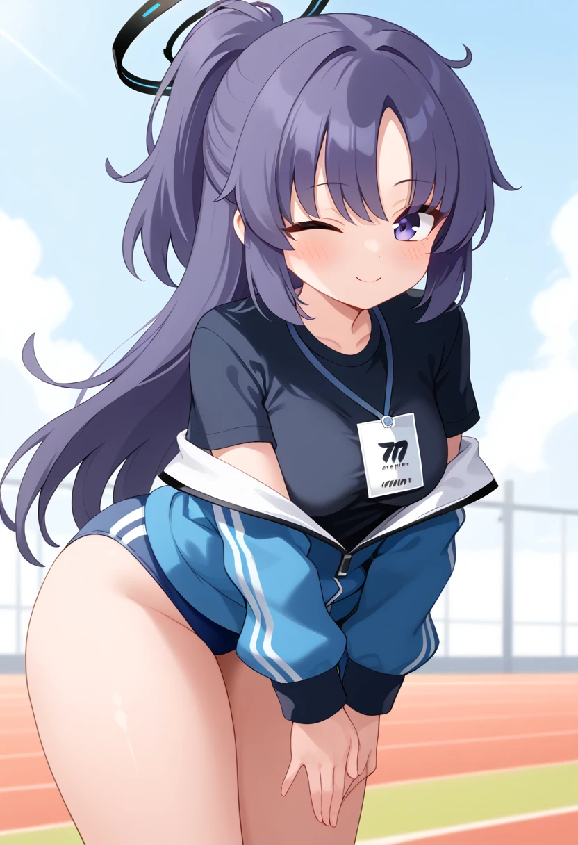 score_9, 1girl, solo, yuuka \(blue archive\), blue archive, yuuka \(track\) \(blue archive\), halo, purple eyes, purple hair, long hair, ponytail, thick thighs, medium breasts, yuuka-gym, id card, blue jacket, track jacket, black shirt, blue buruma, cowboy shot, leaning forward, v arms, looking at viewer, breasts, blush, smile, one eye closed, ;\), closed mouth, outdoors, day, blue sky 