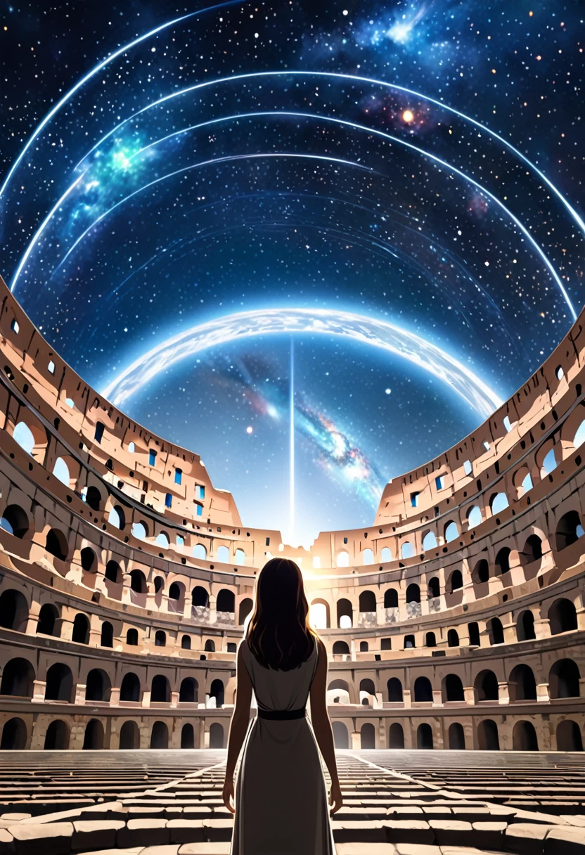 A woman in the center of the screen, with a universe expanding around her, the teleportation is not yet complete, so the sides of the screen are still the colosseum.