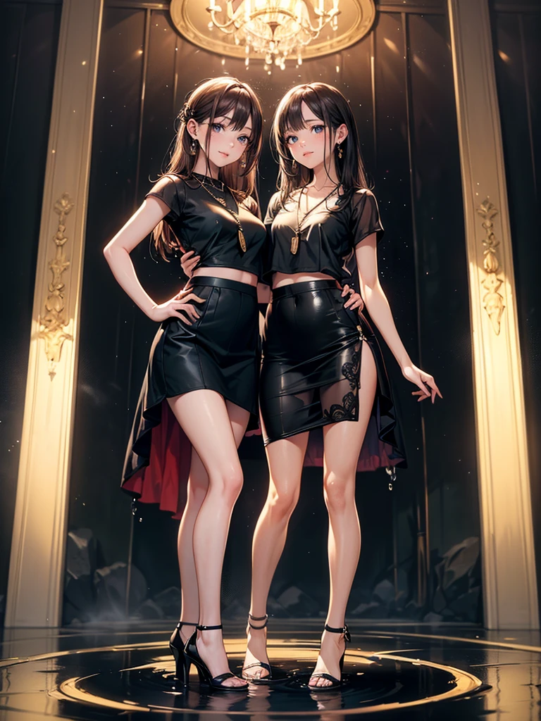 ((Biologically correct limb count)),(( From head to toe,Full-body photo including face)),4K,((Standing position)),masterpiece,((Focus on the face)),((Symmetrical facial features)),Eyes with detailed description,Beautiful woman,Great style,Beautiful arms,Beautiful legs,Beautiful Hands,Small Ass,Thin thighs,(Black Stockings),Detailed depiction of the face,Small earrings,necklace,(Casual clothes,High heels,Long skirt),Dancing on the water surface,Focus on the face,Dripping Water,The mist creates a fantastic atmosphere,(See-through clothing)