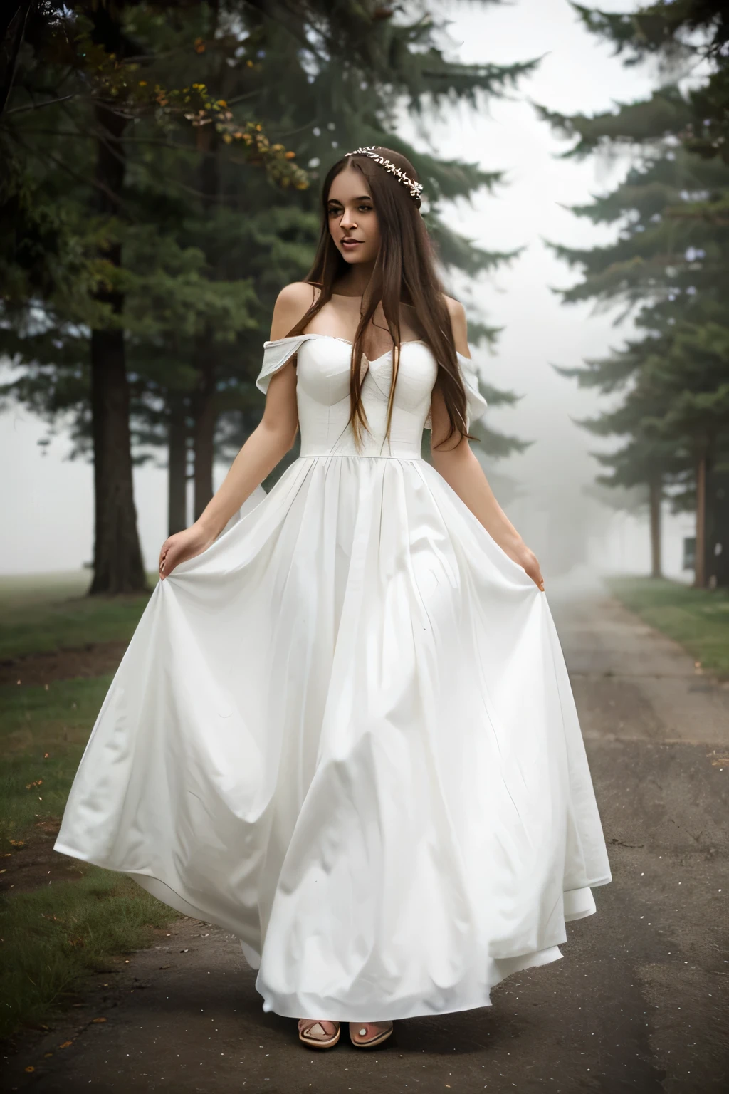 long hair brunette woman, 30 years old, wedding dress, coming out of the fog.