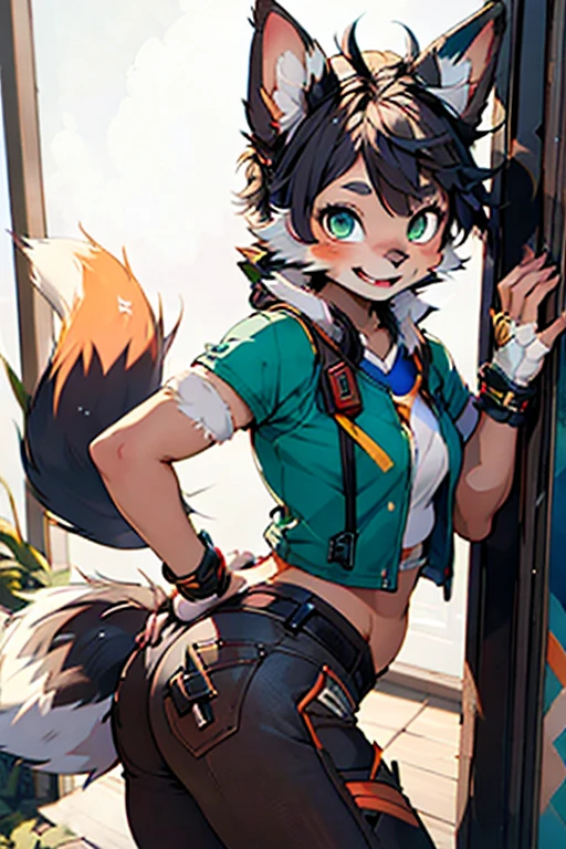 ((Best Quality)), ((masterpiece)), (detailed), 1 girl, with fluffy fox tails, White fur, small in stature, very big hips, Nice smile, green eyes, very daring focusing on her butt, revealing clothing (judyhopps)