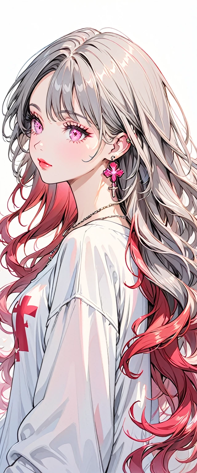 Red Flow, 1 girl, alone, Long Hair, Looking at the audience, Blue Eyes Background, White Background, jewelry, Mouth closed, Jacket, Upper Body, Gray Hair, Earrings, Pink Eyes, necklace, From the side, Oversized T-shirt, lips, eyelash, Compensate, Wavy Hair, Earrings, cross, lipstick, ear Earrings, eye shadow, hoop Earrings, pink lips, Variegated eyes , pink eye shadow,