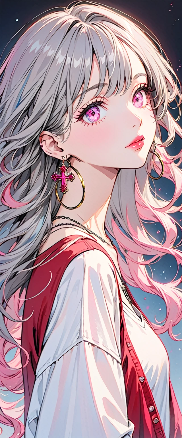 Red Flow, 1 girl, alone, Long Hair, Looking at the audience, Blue Eyes Background, White Background, jewelry, Mouth closed, Jacket, Upper Body, Gray Hair, Earrings, Pink Eyes, necklace, From the side, Oversized T-shirt, lips, eyelash, Compensate, Wavy Hair, Earrings, cross, lipstick, ear Earrings, eye shadow, hoop Earrings, pink lips, Variegated eyes , pink eye shadow,