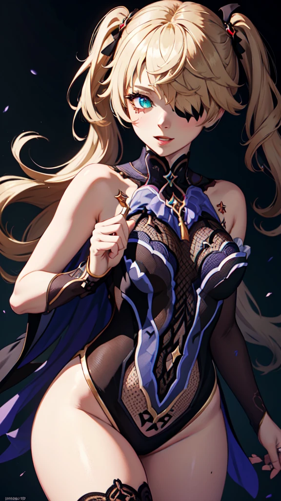 Young blonde girl, black eye patch, twin large ponytails, 
BREAK (masterpiece:1.2), best quality, high resolution, unity 8k wallpaper, (illustration:0.8), (beautiful detailed eyes:1.6), extremely detailed face, perfect lighting, extremely detailed CG, (perfect hands, perfect anatomy), joyful, laughing, Happy, (thigh corset with deep lace neckline), portrait (3:4), posing. In darkness next to a scary castle.