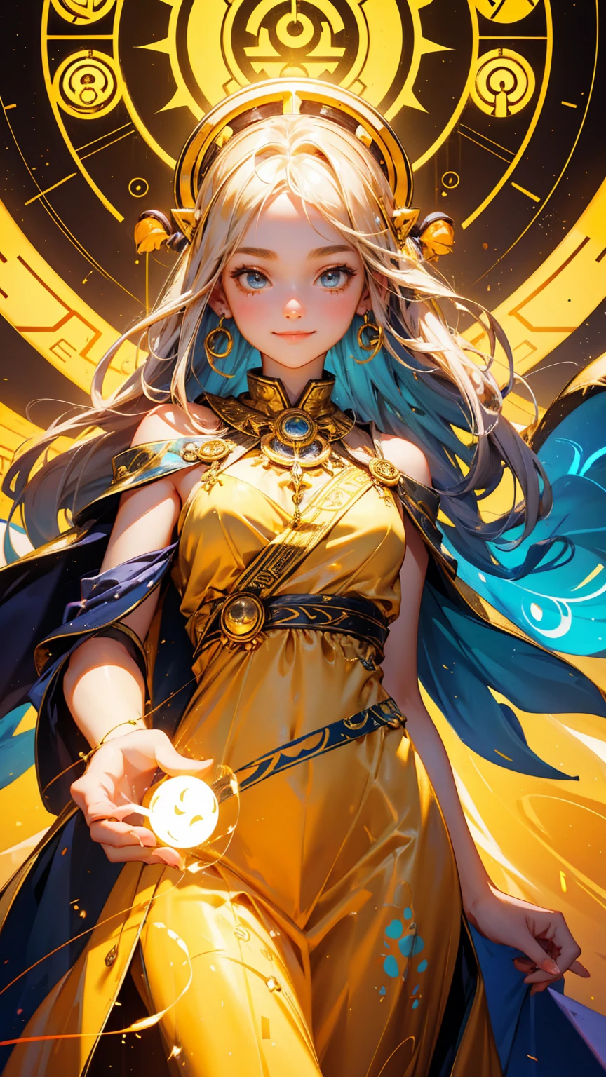 cute beautiful girl happy face, a golden dress with symbols of magic and technology floating around her. The words on the bottom "Shill Shaman",