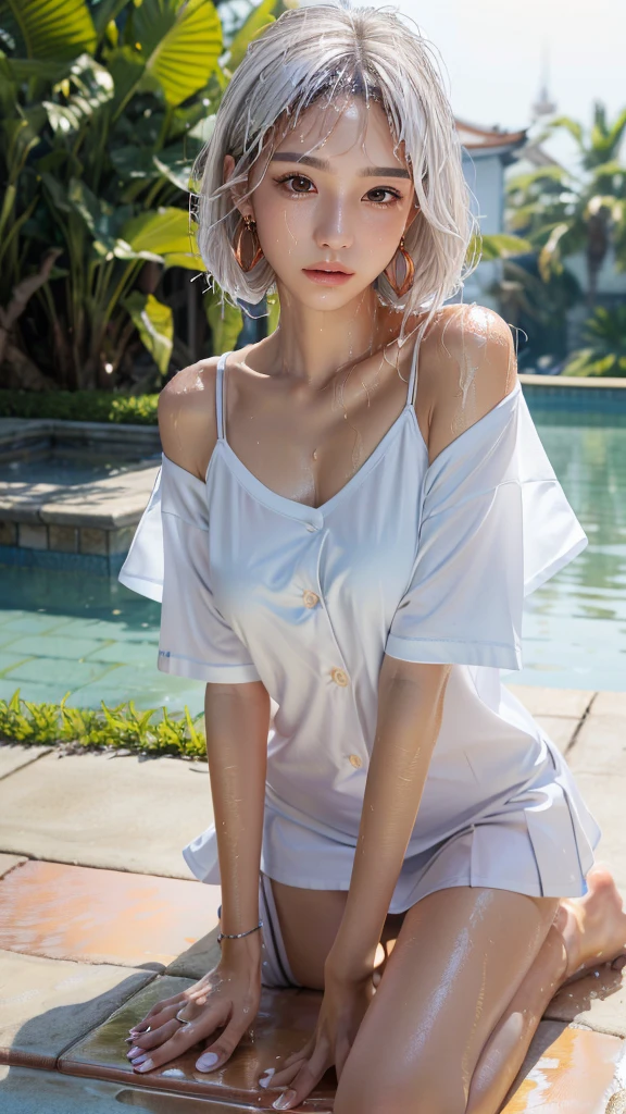 (white said-tai sexy micro-bikini),(over wear white long shirt:1.35) , thong,(fit body:1.2),(rainy wet, wet from rain, wet body :1.45), (beautiful earrings:1.3) , (poolside background:1.2),BREAK , 1 girl, solo, show skin, cleavage ,(Cocked buttocks),(Camel toes),extremely beautiful lady standing up,(looking up at viewer:1.2),flat chest, intricate details, naughty, slutty, perfect hands, detailed hands, perfect eyes, detailed eyes,(captivating smile:1.2),(gyaru:1.2), (tanned skin:1.5), dynamic pose, ((Open the crotch before:1.3)), ( blonde short bob cut hair:1.6),(wind:1.45), realistic, HDR, UHD, blooming light effect ,nsfw