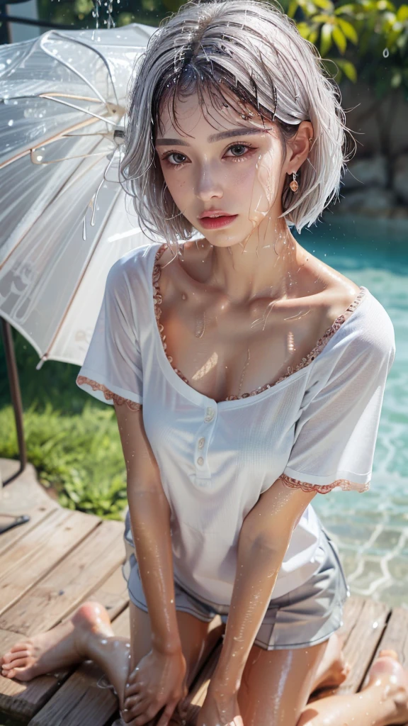 (Very delicate and beautiful, masterpiece, highest quality, Ultra-high resolution, 16K, Realistic, Very detailed, Very detailed CG 8k wallpaper, Beautiful lighting, Perfect Lightning, Realistic Shadows, (Anatomically correct)), (Fine, shiny skin, Latin, Late 20s, (The body is slim), (Slim abdomen), Small Head, Realistic little beautiful face, Realistic small beautiful eyes, double eyelid, eyeliner, mascara, Tearful mole, Mole on chest, Big earrings), (Full Body Shot, Short Wavy Hair, Soft abdomen, Thin clavicle, beautiful and very thin legs, Beautiful and very slim thighs, Exposing shoulders, barefoot), From above, Show your hand, Apply blush all over the face, (Wet:1.4), (Copper-white hair:1.3), (Korean School Uniform), (Summer shirts:1.5),