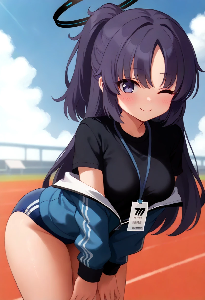 score_9, 1girl, solo, yuuka \(blue archive\), blue archive, yuuka \(track\) \(blue archive\), halo, purple eyes, purple hair, long hair, ponytail, thick thighs, medium breasts, yuuka-gym, id card, blue jacket, track jacket, black shirt, blue buruma, cowboy shot, leaning forward, v arms, looking at viewer, breasts, blush, smile, one eye closed, ;\), closed mouth, outdoors, day, blue sky 