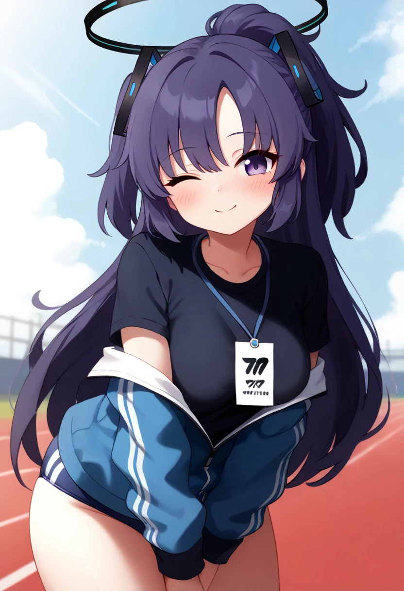 score_9, 1girl, solo, yuuka \(blue archive\), blue archive, yuuka \(track\) \(blue archive\), halo, purple eyes, purple hair, long hair, ponytail, thick thighs, medium breasts, yuuka-gym, id card, blue jacket, track jacket, black shirt, blue buruma, cowboy shot, leaning forward, v arms, looking at viewer, breasts, blush, smile, one eye closed, ;\), closed mouth, outdoors, day, blue sky 