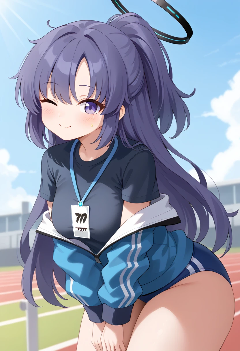 score_9, 1girl, solo, yuuka \(blue archive\), blue archive, yuuka \(track\) \(blue archive\), halo, purple eyes, purple hair, long hair, ponytail, thick thighs, medium breasts, yuuka-gym, id card, blue jacket, track jacket, black shirt, blue buruma, cowboy shot, leaning forward, v arms, looking at viewer, breasts, blush, smile, one eye closed, ;\), closed mouth, outdoors, day, blue sky
