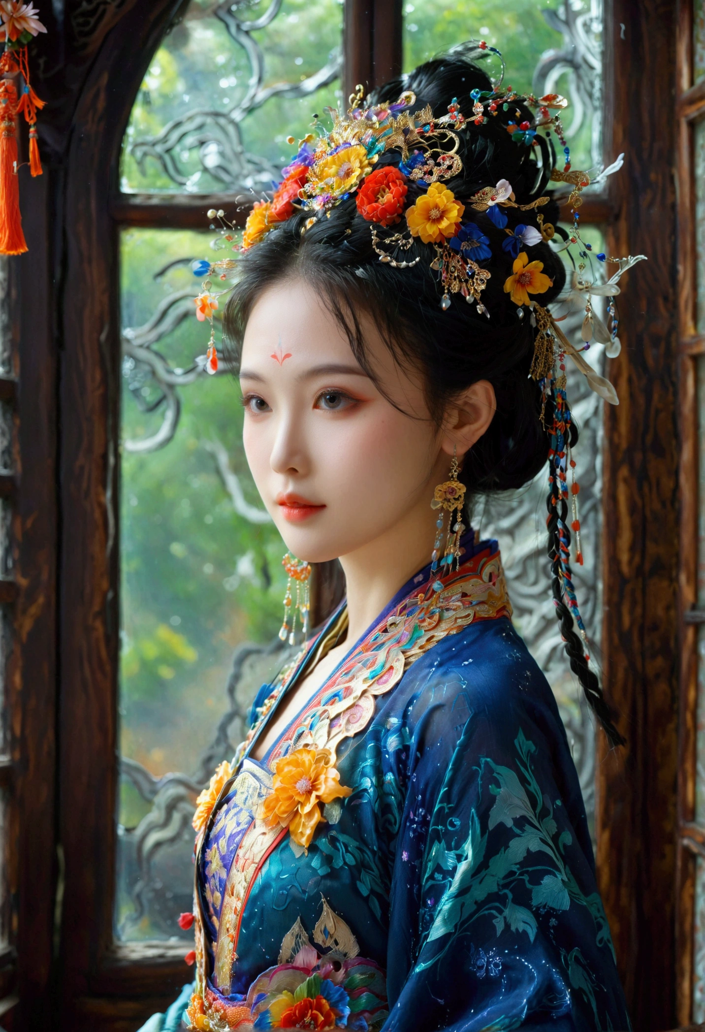 masterpiece,Realism,Dark,蓝tone,Surrealism,Starlight环,In the bright embrace of the moonlight serenade,1 Miao beauty,((独奏)),Wearing famous national costumes,Hmong clothing,Standing,模特Standing姿势,earrings,hat,belt,Real shot,Tall,Long hair shawl,braid,The decorative patterns on Miao robes are mostly geometric shapes.,Auspicious flowers and plants,snowflake,bats, etc,Various carved window frames,The window frames are engraved with wired grooves and various patterns,Clean background,Agate accessories,Fashion,Compared,tone,Texture,detail,Starlight,Colorful halo,Vibrant energy,Expressive,dramatic,organic lines and forms,dreamy and mysterious,Surrealism,Portrait Photography,complex,meticulous,sharp,Clarity,Better image quality,Rough brushstrokes,High Dynamic Range,vivid,detail丰富,阴影和高光Clarity,reality