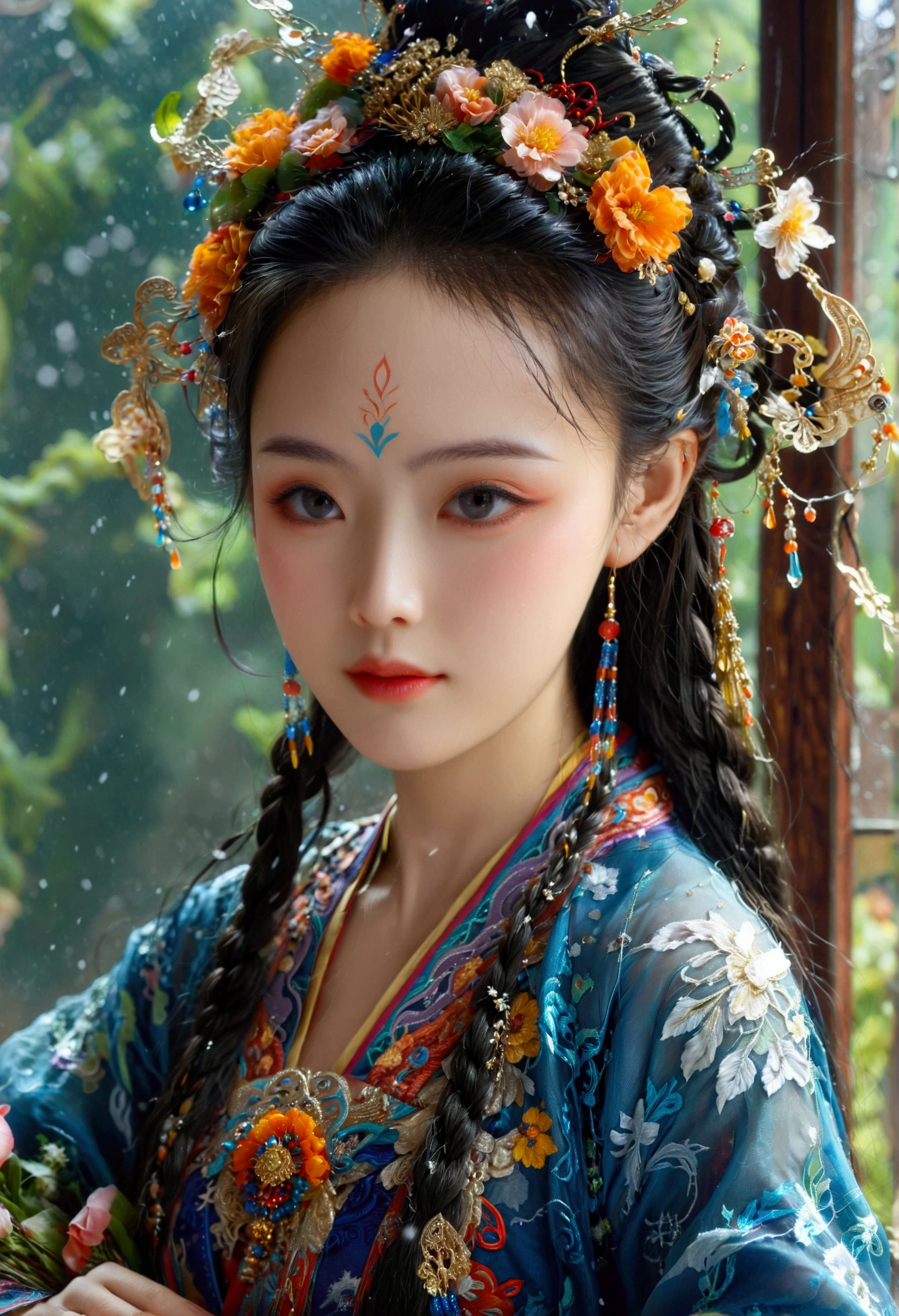 masterpiece，Realism，Dark，蓝tone，Surrealism，Starlight环，In the bright embrace of the moonlight serenade，1 Miao beauty，((独奏))，Wearing famous national costumes，Hmong clothing，Standing，模特Standing姿势，earrings，hat，belt，Real shot，Tall，Long hair shawl，braid，The decorative patterns on Miao robes are mostly geometric shapes.，Auspicious flowers and plants，snowflake，bats, etc，Various carved window frames，The window frames are engraved with wired grooves and various patterns，Clean background，Agate accessories，Fashion，Compared，tone，Texture，detail，Starlight，Colorful halo，Vibrant energy，Expressive，dramatic，organic lines and forms，dreamy and mysterious，Surrealism，Portrait Photography，complex，meticulous，sharp，Clarity，Better image quality，Rough brushstrokes，High Dynamic Range，vivid，detail丰富，阴影和高光Clarity，reality