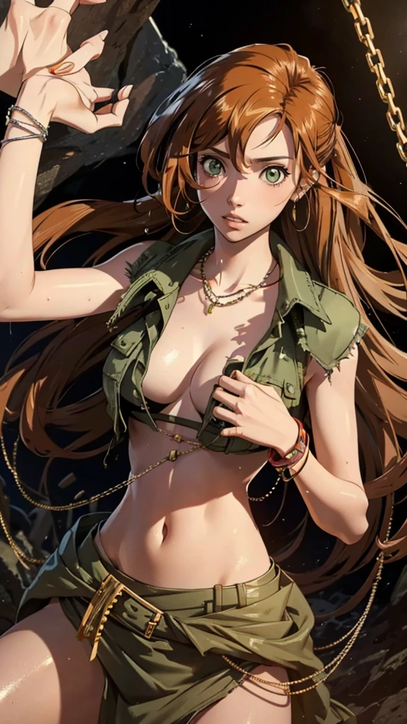(lifelike, high - resolution:1.3), 1 girl with a perfect body,slender body, Super fine face and eyes,assasin, dark makeup, shiny skin, light brown hair, (toned stomach),Expose cleavage, (bracelets, tooth jewelry, a lot of necklaces, very long necklaces, necklaces down to stomach, body chains, waist chains), (post apocalyptic future, jungle wasteland. torn clothes, torn to shreds dress), (wet skin, shiny skin), large breasts
