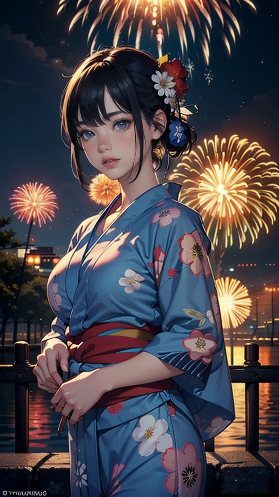 8k,Highest quality,(masterpiece:1.2),(Realistic),(Realistic:1.37),Ultra-high resolution,One Young Woman,((smile)),night,Big Breasts,Beautiful Eyes,festival grounds,(((Fireworks bursting into the sky))),(((night))),(((yukata))),Perfect body,Perfect Fingers,Professional Lighting,gravure,Detailed face and skin texture,fine grain,RAW Photos