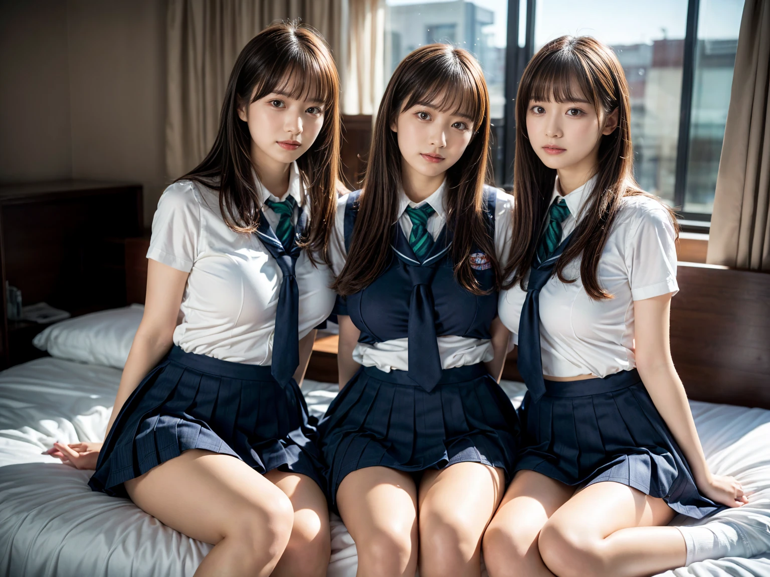 (RAW photo, 4k, masterpiece, high resolution, extremely complex) (realistic: 1.4), cinematic lighting
((2 girls, 2 schoolgirls)),Slam Dunk's,blushing,((innocent)),bright eyes,round eyes,blunt bangs,(straight hair:1.3),black hair,large breasts,wide hips,Summer Noon, ,Hot, (Best Quality), (Highres), (an Extremely Delicate and Beautiful),(Beautiful 8k face),(Brown eyes),short bob hair,( spectators),(gigantic breasts),(Play with each other,Touching each other's bodies,Touching the body),(Japanese high school uniform:1.3),blue skirt,(reality),bright lighting,(The background is a luxury hotel room)