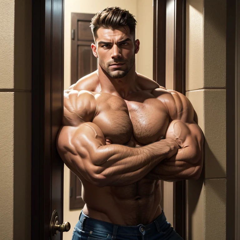 a very handsome, massively muscular man with massively large muscles, seen up close in a cramped doorway