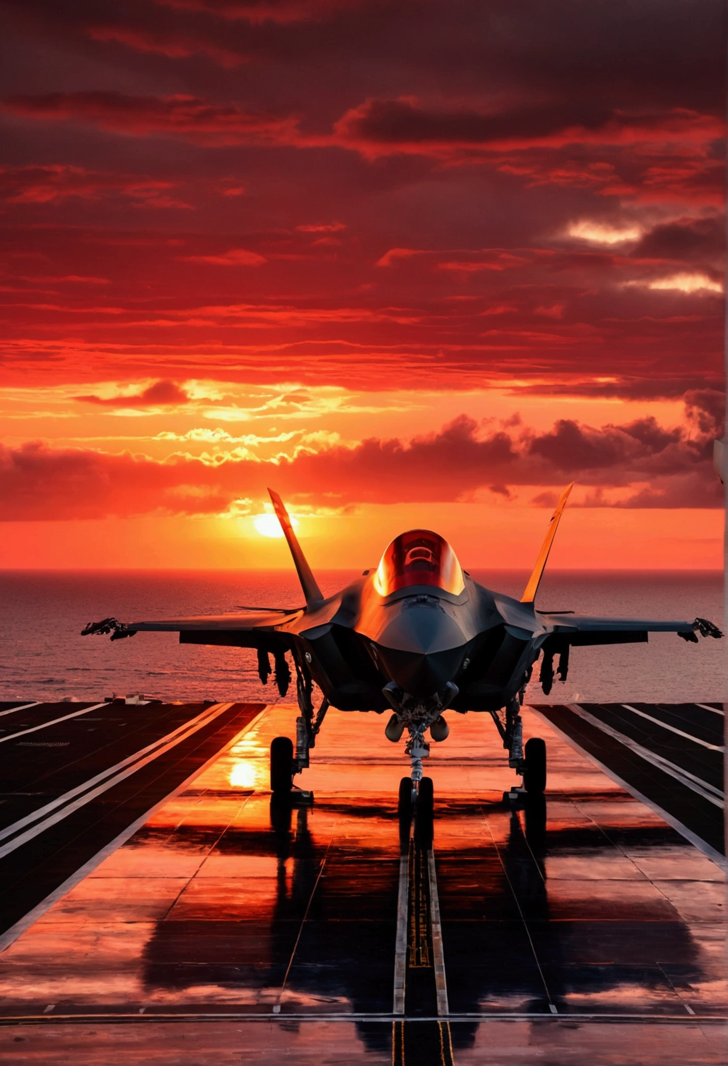 Super realistic, ultra-high definition, US Navy fighter attack aircraft F-35B, standby on the flight deck of an aircraft carrier in the Pacific Ocean, the sky is bathed in a bright red sunset, backlit, dark shadows, black clouds in the distance.