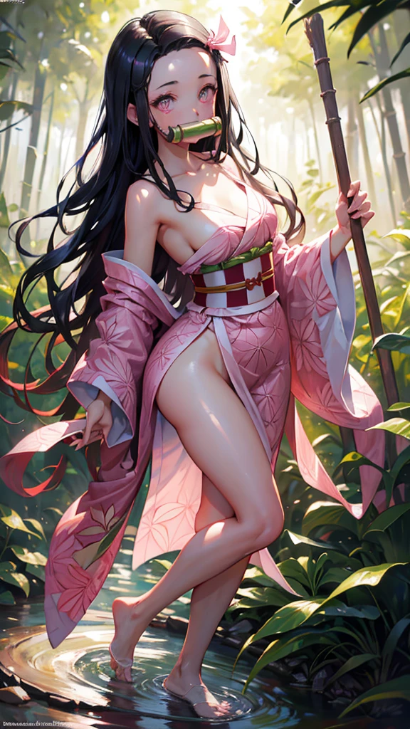 masterpiece, (pink kimono), seductive face, good lighting, décolleté, fine details, masterpiece, glowing eyes, 1girl, black hair, gag, bamboo, Nezuko Kamado, showing juicy ass, half naked. Full body, wallpaper, in the forest.