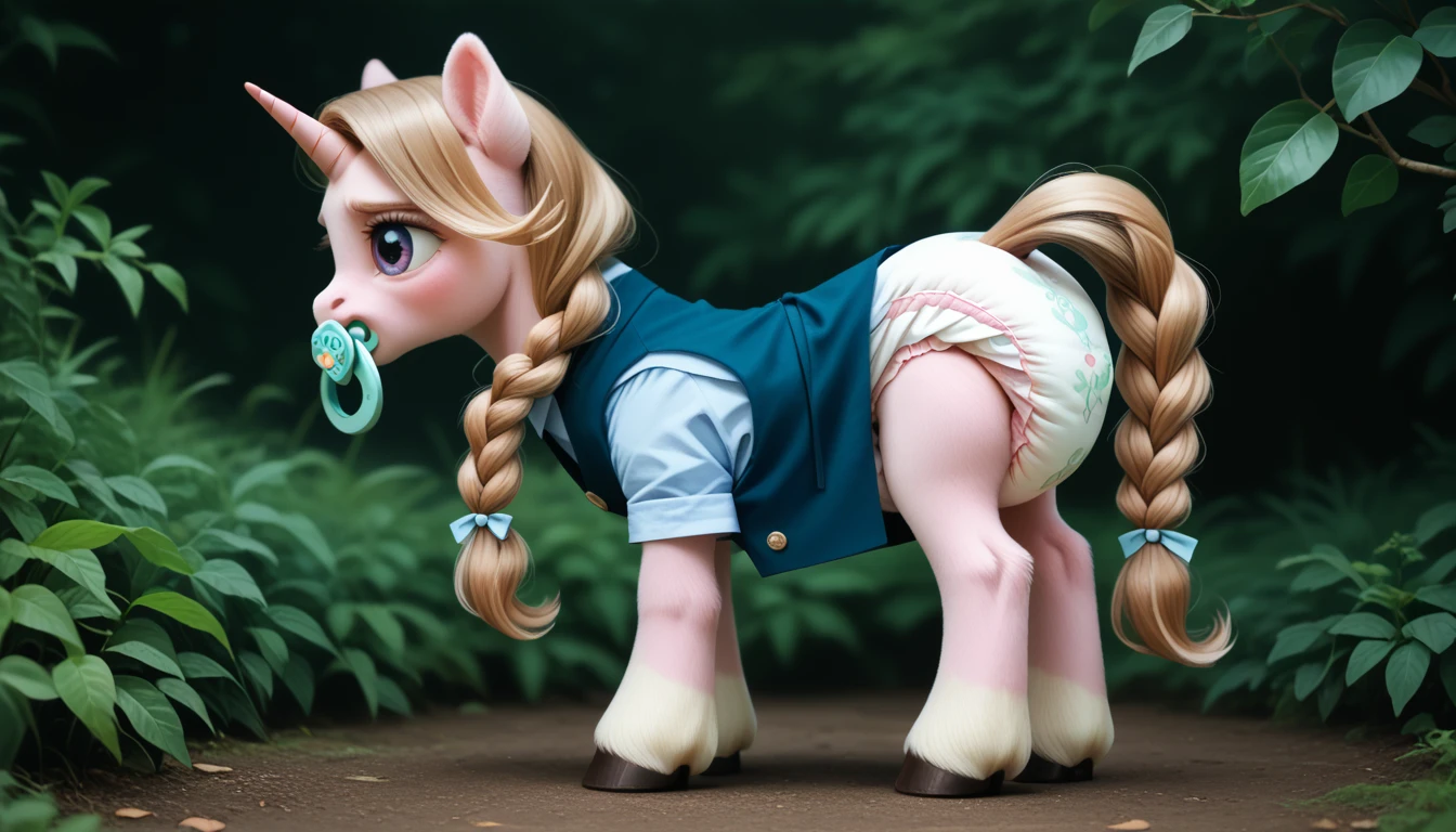 pony, light caramel unicorn, adult mare, plum eyes, lush mane braided, bushy tail, stands on four hooves, rear hooves spread wide apart, wearing adult size foal overalls and adult size foal booties, adult size pacifier in mouth, solo, raised tail, thick diaper under clothes, pink blush on cheeks, Embarrassment, Awkwardness.