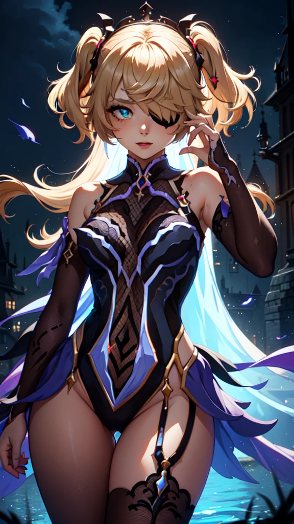 Young blonde girl, black eye patch, twin large ponytails,
BREAK (masterpiece:1.2), best quality, high resolution, unity 8k wallpaper, (illustration:0.8), (beautiful detailed eyes:1.6), extremely detailed face, perfect lighting, extremely detailed CG, (perfect hands, perfect anatomy), joyful, laughing, Happy, (thigh corset with deep lace neckline), portrait (3:4), posing. In darkness next to a scary castle.