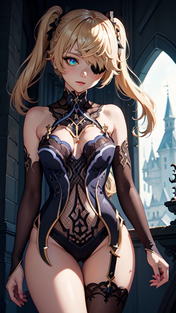 Young blonde girl, black eye patch, twin large ponytails,
BREAK (masterpiece:1.2), best quality, high resolution, unity 8k wallpaper, (illustration:0.8), (beautiful detailed eyes:1.6), extremely detailed face, perfect lighting, extremely detailed CG, (perfect hands, perfect anatomy), joyful, laughing, Happy, (thigh corset with deep lace neckline), portrait (3:4), posing. In darkness next to a scary castle.
