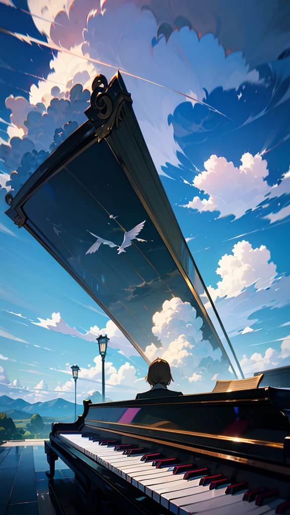 青空とcloudに囲まれた幻想的なシーンが描かれています，There is a black piano in the center of the screen，Realistic，reality，cloud，landscape，reality灯光，The back of a man，Natural lighting，Surrealism