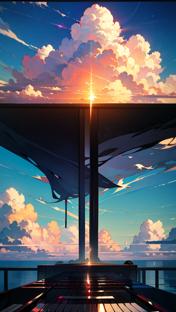 青空とcloudに囲まれた幻想的なシーンが描かれています，There is a black piano in the center of the screen，Realistic，reality，cloud，landscape，reality灯光，The back of a man，Natural lighting，Surrealism