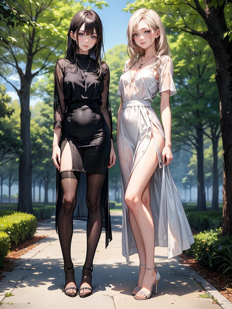 ((Biologically correct limb count)),(( From head to toe,Full-body photo including face)),4K,((Standing position)),masterpiece,((Focus on the face)),((Symmetrical facial features)),Eyes with detailed description,Beautiful woman,Great style,Beautiful arms,Beautiful legs,Beautiful Hands,Small Ass,Thin thighs,(Black Stockings),Detailed depiction of the face,necklace,(Casual clothes,High heels,Long skirt),Nestled in the park,Focus on the face,Realistic,(See-through clothing)